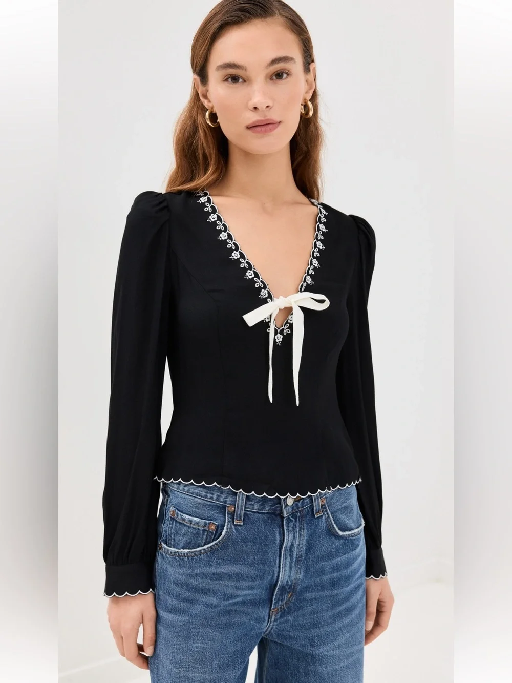 Reformation Vivia , Black V-Neck Long Sleeve Top with Cream Tie - size 2